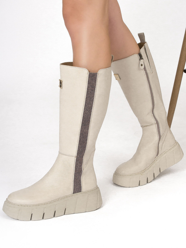 Maciejka Beige Leather Platform Knee-High Boots