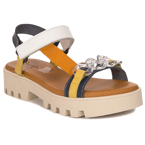 Maciejka Navy Blue + White leather women's flat velcro sandals