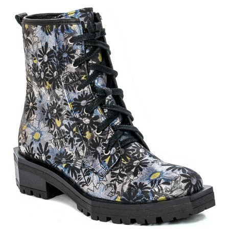 Maciejka 04869-38-00-6 Silver end Black Flowers Lace-up Boots