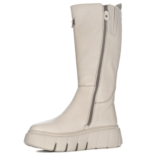 Maciejka Beige Leather Platform Knee-High Boots 