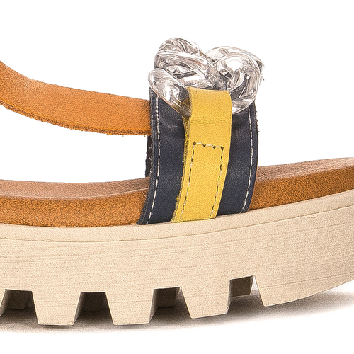 Maciejka Navy Blue + White leather women's flat velcro sandals
