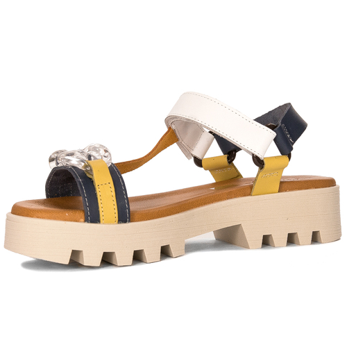 Maciejka Navy Blue + White leather women's flat velcro sandals