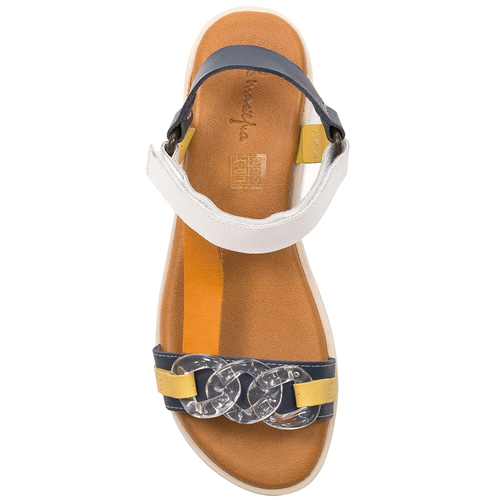 Maciejka Navy Blue + White leather women's flat velcro sandals