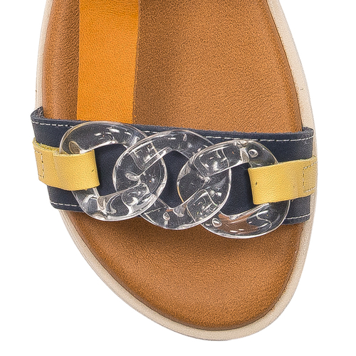 Maciejka Navy Blue + White leather women's flat velcro sandals