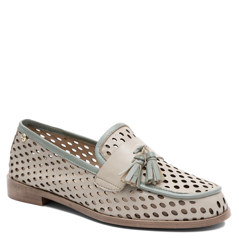 Maciejka Leather Openwork Loafers with Tassels Beige-Green HJ760-09/00-1