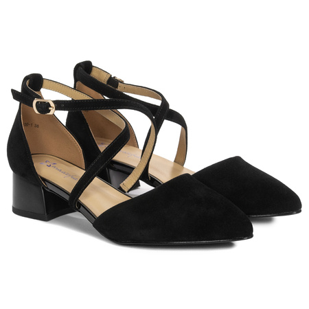 Women's Genuine Suede Leather Pumps With Asymmetric Straps Black K6807-20/00-1