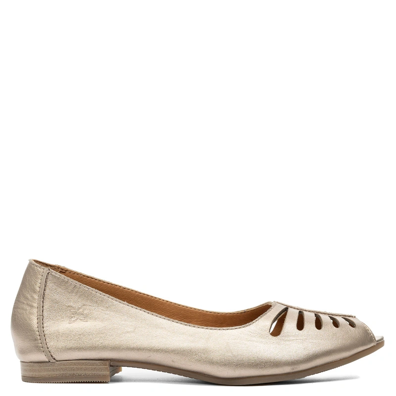 Maciejka Skórzane Ażurowe Peep-Toe Baleriny Z Migdałowym Noskiem Złoty P7541-32/00-1