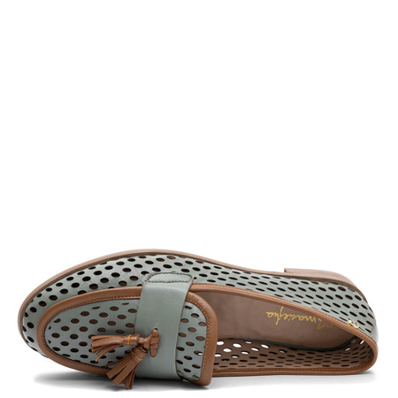 Maciejka Leather Openwork Flats Olive With Tassels HJ760-24/00-1