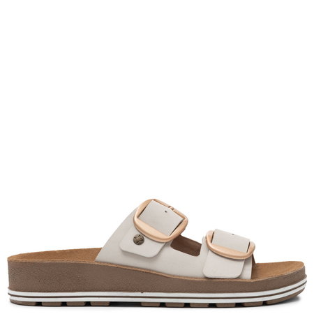 Maciejka Leather Slides Adjustable Buckles Platform Beige P7537-22/00-4