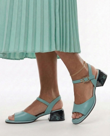 Maciejka Leather Sandals Block Heel Open Back Turquoise K7523-36/00-1