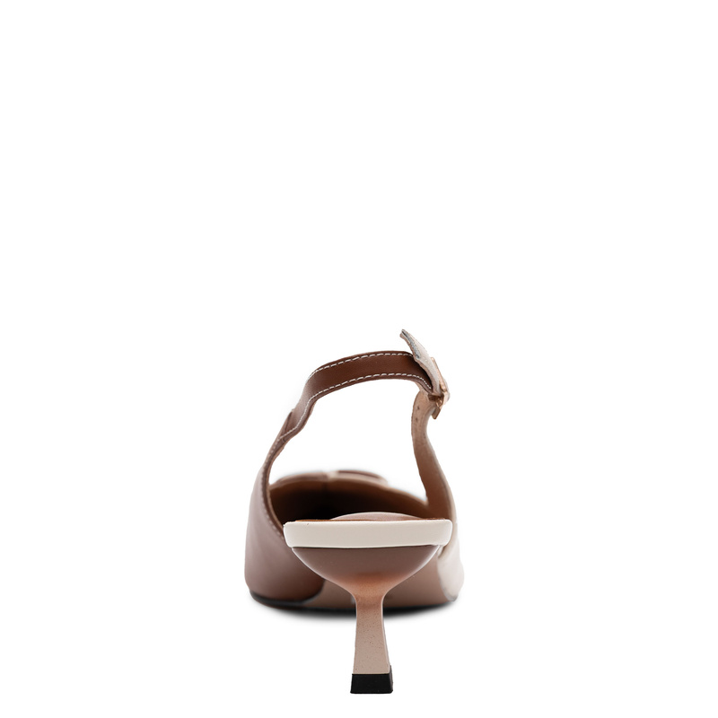 Maciejka Czółenka Skórzane Dwukolorowe Slingback Niski Obcas 4 cm Beżowo-Brązowe K7482-02/00-1