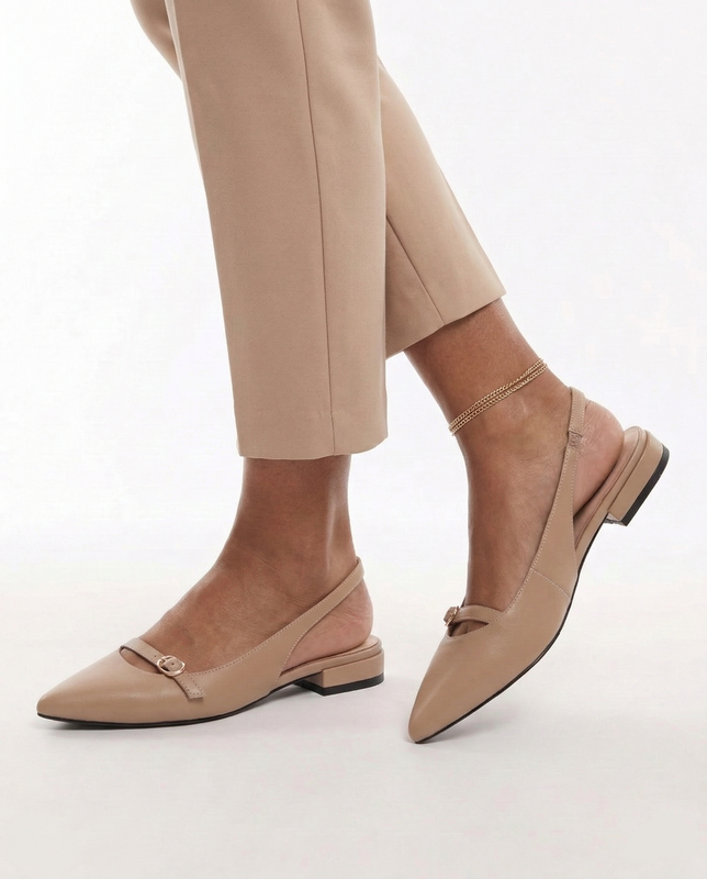Maciejka Czółenka Slingback Skórzane Płaski Obcas Beżowe K7449-04/00-1