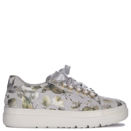 Maciejka Leather Platform Sneakers Floral Pattern Pearl Details in Ash Grey N6482-38/00-1