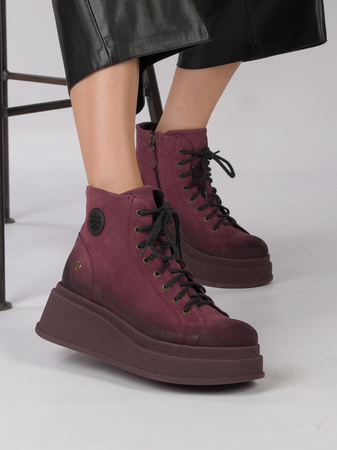 Maciejka Velour Leather Combat Boots on Platform Burgundy 06309-23/00-8