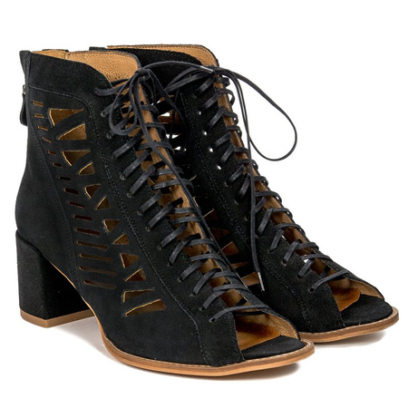 Maciejka Leather Cutout Lace-Up Block-Heel Ankle Boots Black 04040-01-00-5