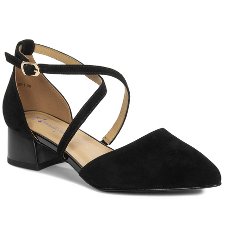 Women's Genuine Suede Leather Pumps With Asymmetric Straps Black K6807-20/00-1