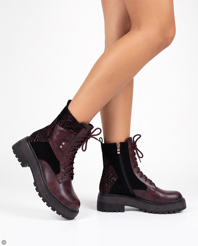 Maciejka Leather Warm Platform Combat Ankle Boots Burgundy K7837-23/00-7