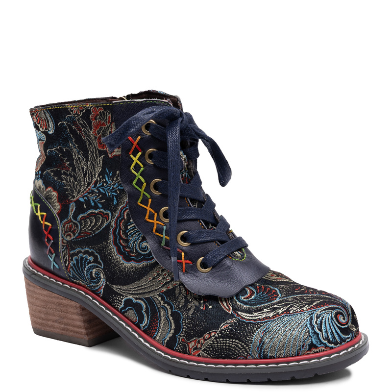Maciejka Patterned Jacquard Ankle Boots Floral Embroidery Genuine Leather Multicolor K7684-01/00-7