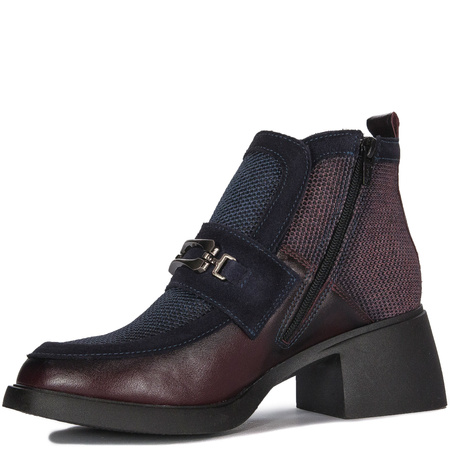 Maciejka Leather Two-Tone Ankle Boots Decorative Strap Block Heel Burgundy-Navy A6747-23/00-8