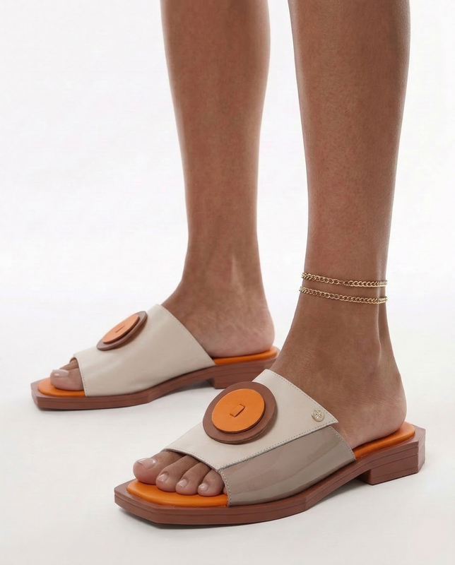 Maciejka Leather Slides Geometric Accent Beige-Orange K7479-18/00-1