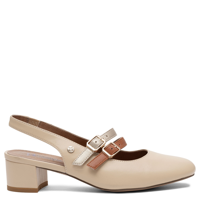 Maciejka Skórzane Czółenka Slingback z Podwójnym Paskiem Beżowe K7475-04/00-1