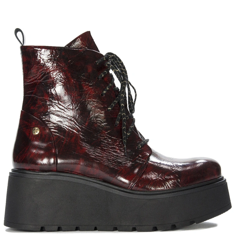 Maciejka Patent Platform Ankle Boots Lace-Up With Zipper Burgundy 06762-23/00-6