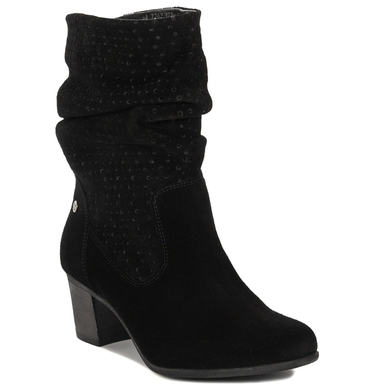 Maciejka Botki Damskie Skórzane Welurowe Czarne