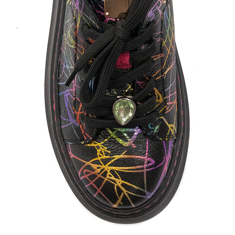 Sneakersy Damskie skórzane na platformie czarne w tęczowe mazaje