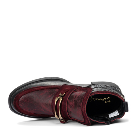 Maciejka Crafted Leather Ankle Boots Embossed Panel Black-Burgundy 07139-23/00-8