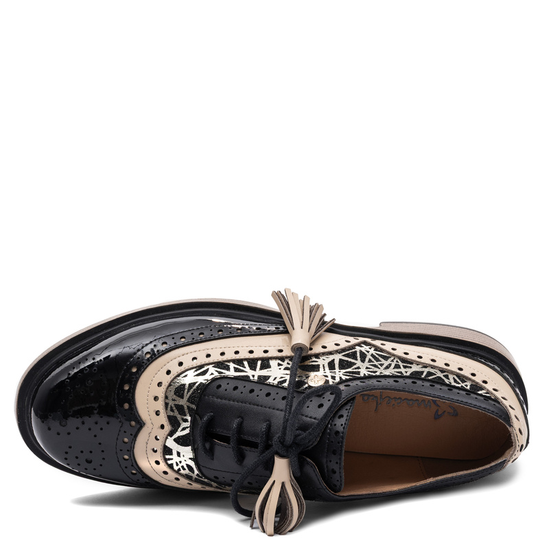 Maciejka Leather Lace-Up Shoes Elegant Two-Tone Black Beige Women’s Shoes K7816-01/00-1