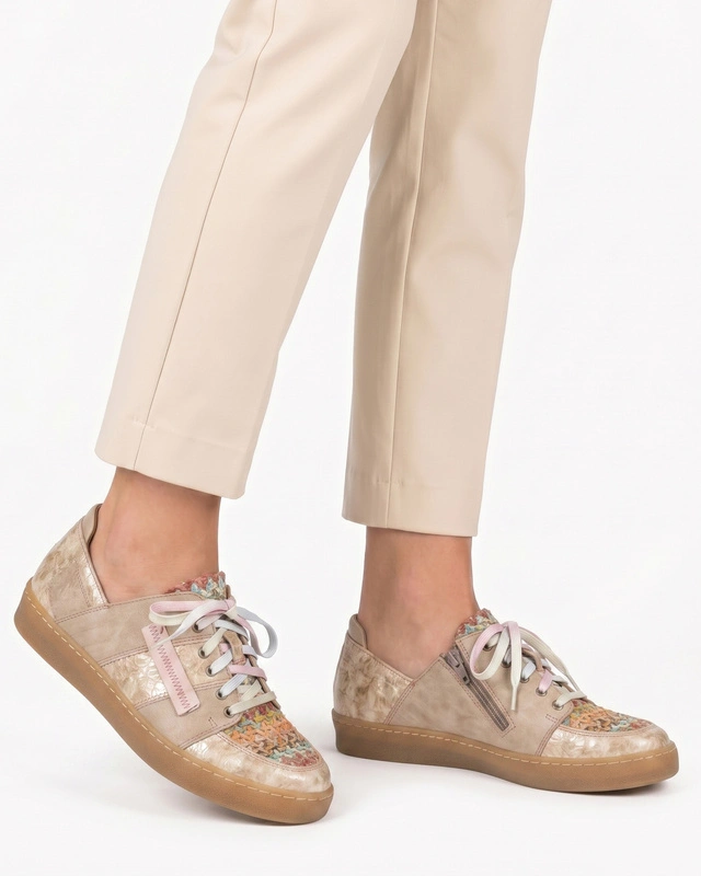 Maciejka Skórzane Półbuty Sneakersy Patchwork Wielokolorowe Beżowe 06791-04/00-1