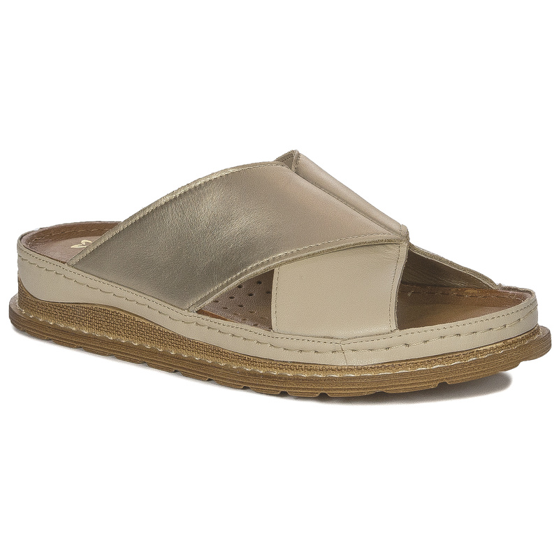 Maciejka Beige + Gold Women's Leather Slides