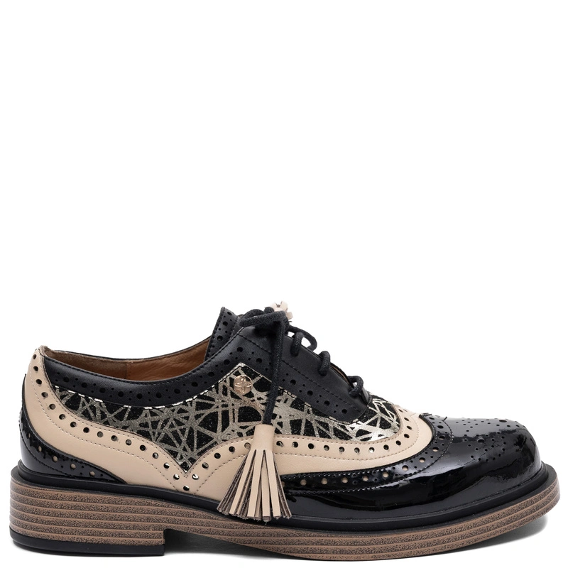 Maciejka Leather Lace-Up Shoes Elegant Two-Tone Black Beige Women’s Shoes K7816-01/00-1