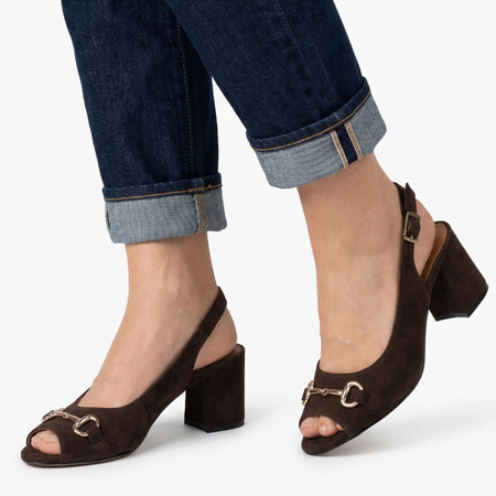 Maciejka Suede Peep Toe Block Heel Sandals With Ornament Brown 06569-02/00-5