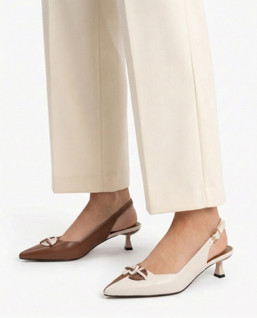 Maciejka Czółenka Skórzane Dwukolorowe Slingback Niski Obcas 4 cm Beżowo-Brązowe K7482-02/00-1