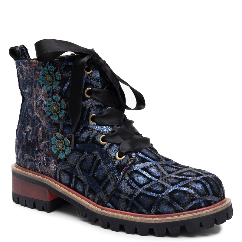 Maciejka Leather Ankle Boots Navy Blue Patchwork Floral Lace-Up K7687-17/00-7