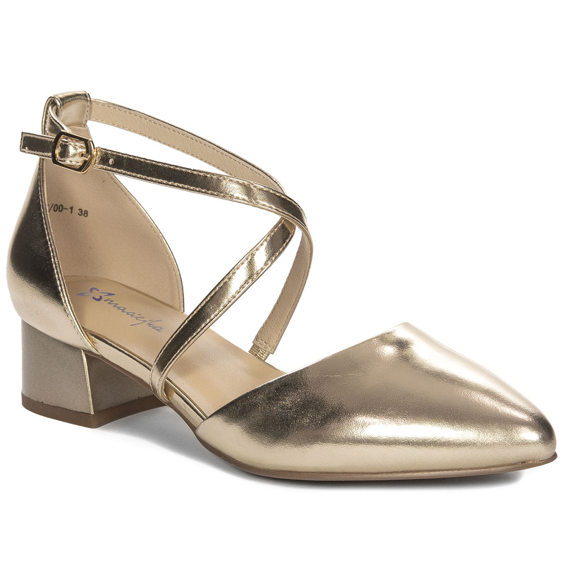 Maciejka Leather Pumps With Cross Straps Low Block Heel Gold K6807-25/00-1