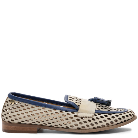 Maciejka Leather Openwork Loafers with Tassels Beige–Navy HJ760-17/00-1