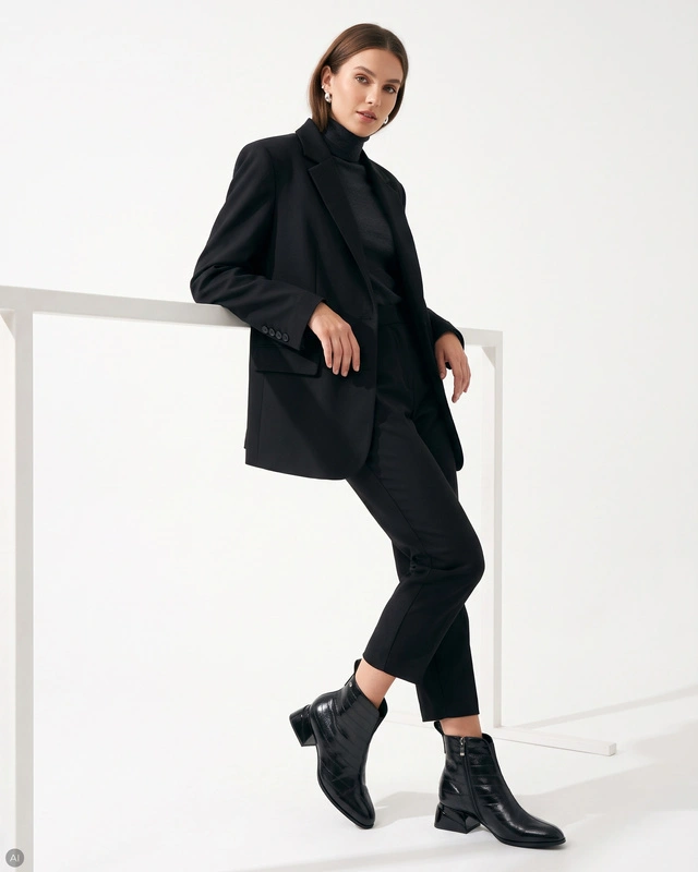 Maciejka Leather Ankle Boots Pointed Toe Geometric Block Heel Black K7675-01/00-7