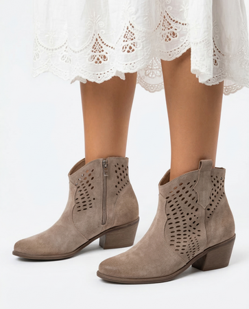 Maciejka Suede Laser Cut Ankle Boots Beige 1525-BEŻ-WELUR