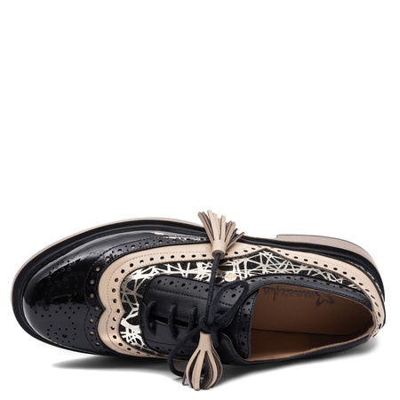 Maciejka Leather Lace-Up Shoes Elegant Two-Tone Black Beige Women’s Shoes K7816-01/00-1