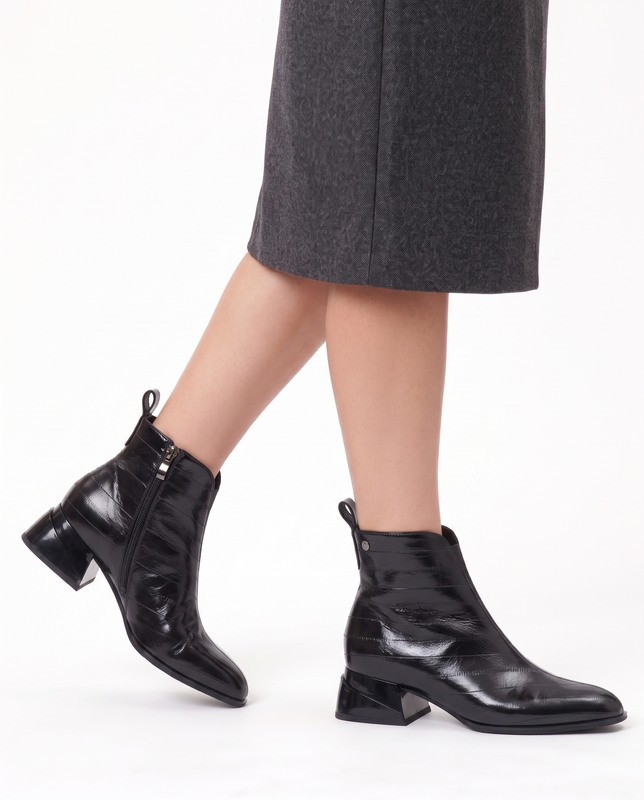 Maciejka Leather Ankle Boots Pointed Toe Geometric Block Heel Black K7675-01/00-7