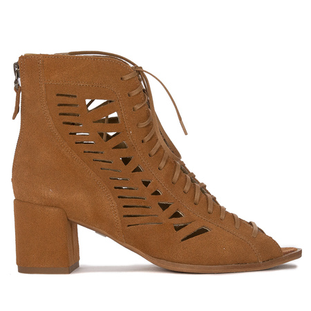 Maciejka Botki Skóra Naturalna Welurowa Na Obcasie Rude