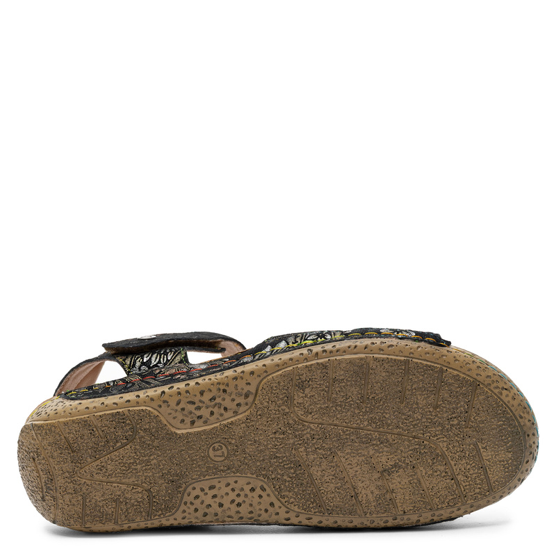 Maciejka Leather Sandals with Velcro Strap and Flower Applique Black-Multicolor K7418-01/00-1