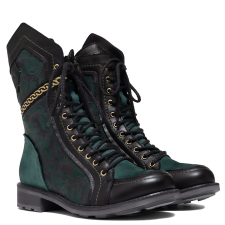 Maciejka Leather Lace-Up Boots Gold Chain Green 07097-09/00-8