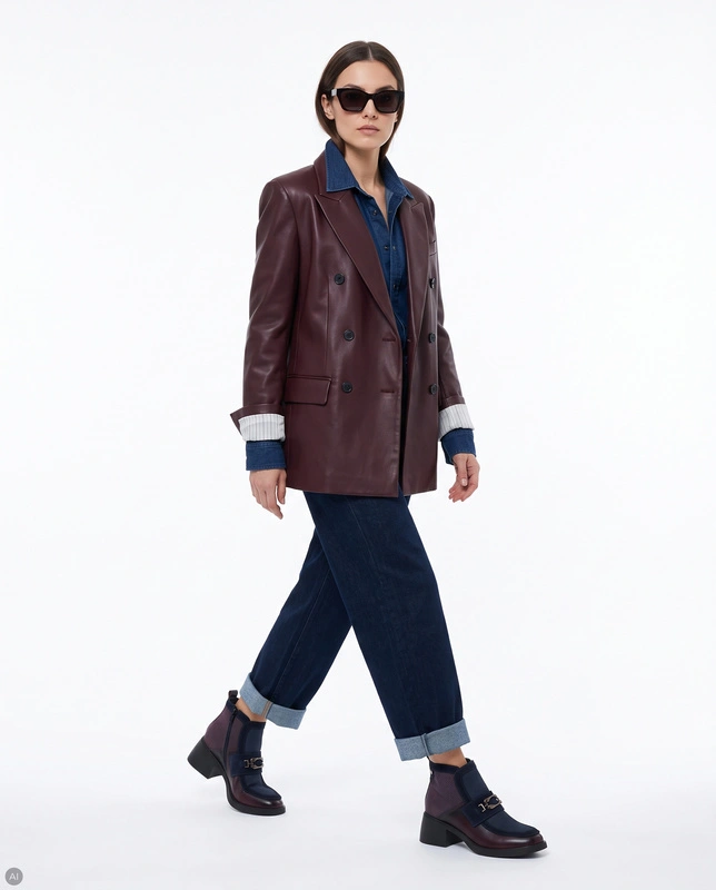 Maciejka Leather Two-Tone Ankle Boots Decorative Strap Block Heel Burgundy-Navy A6747-23/00-8