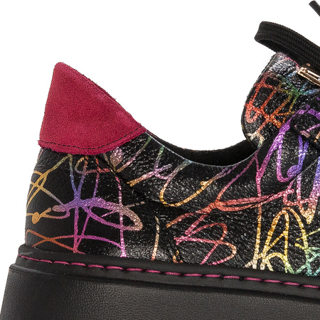 Sneakersy Damskie skórzane na platformie czarne w tęczowe mazaje
