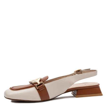 Maciejka Skórzane Półbuty Slingback Kwadratowy Nosek Niski Obcas Beżowo-Brązowe K7441-04/00-1