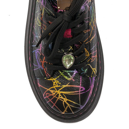 Sneakersy Damskie skórzane na platformie czarne w tęczowe mazaje