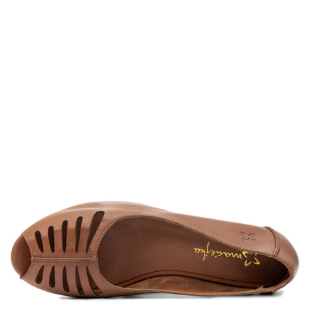 Maciejka Baleriny Skórzane Peep-Toe Ażurowe Brązowe P7541-29/00-1